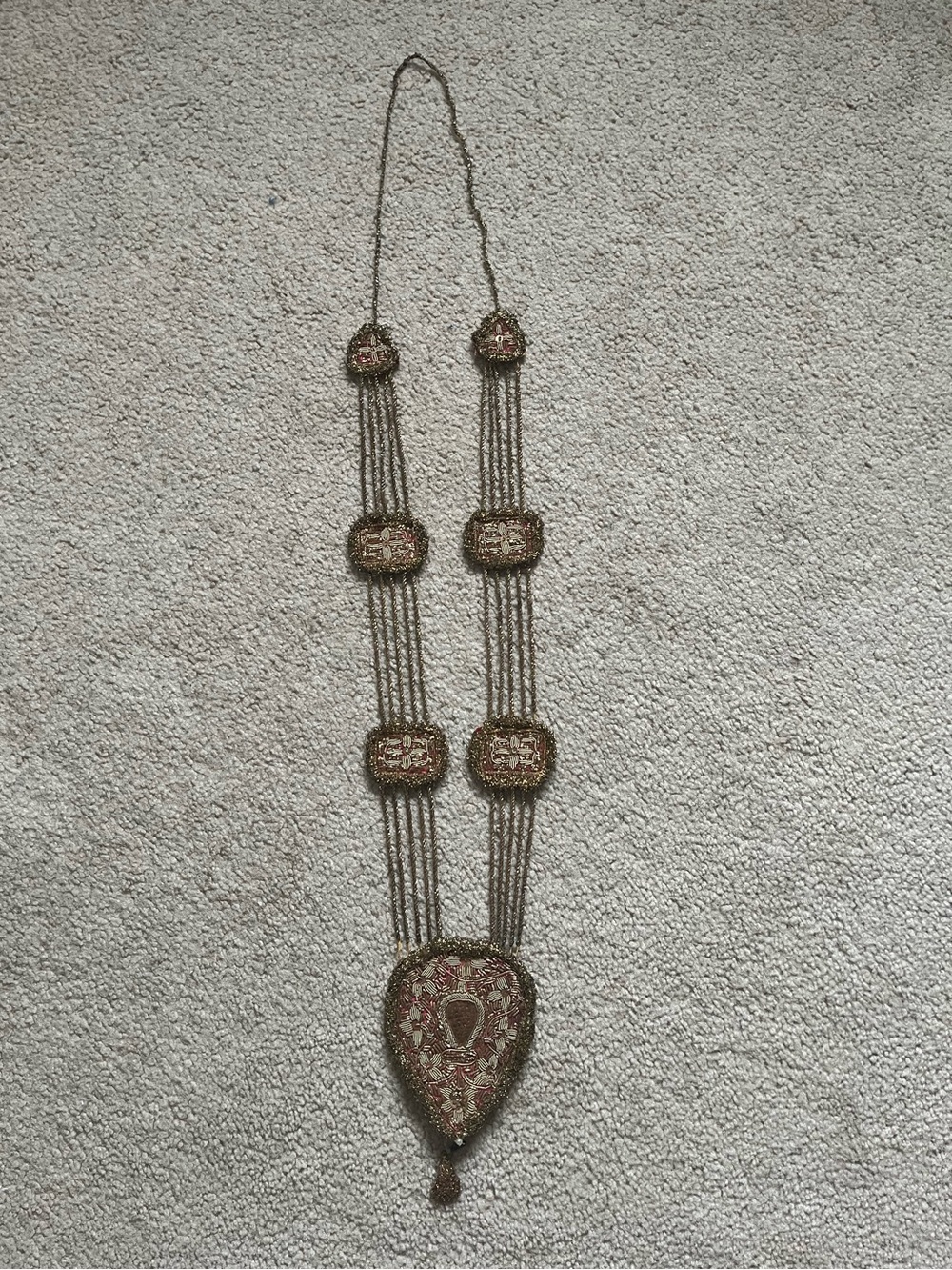 Antique Indian Ceremonial Gold Zardozi Bullion Medallion Necklace.